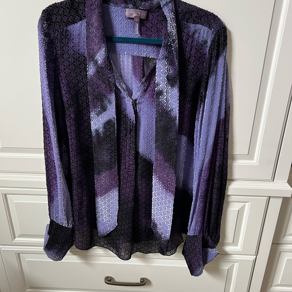 Beautiful purple print Hale Bob semi sheer tie neck blouse size L